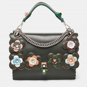 مملوكة مسبقًا Fendi Green Floral Applique Leather Medium Kan I Top Handle Bag