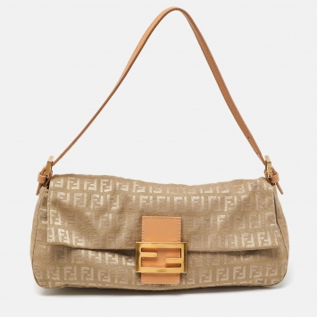 Pre Owned Fendi Beige Zucchino Canvas and Leather Baguette Bag