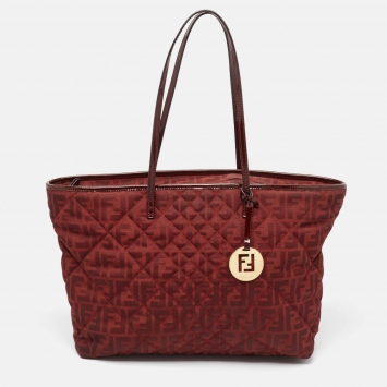 Pre Owned Fendi Red Zucca Canvas and Patent Leather Medium Roll Shopper Tote
