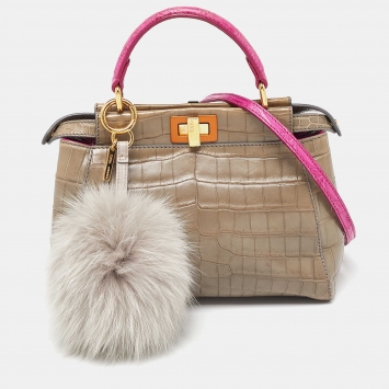 Pre Owned Fendi Grey/Pink Crocodile Mini Peekaboo Top Handle Bag