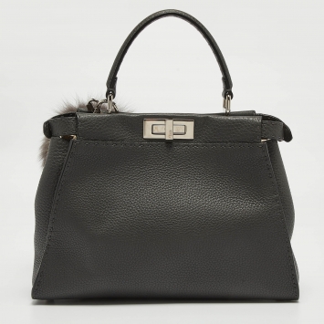 Pre Owned Fendi Grey Selleria Leather Medium Peekaboo Top Handle Bag