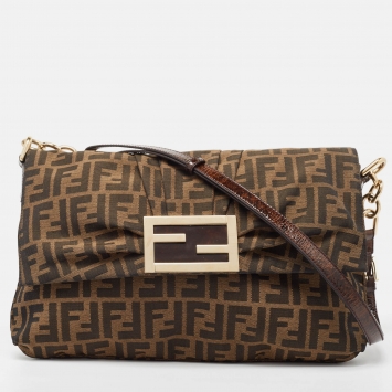 Pre Owned Fendi Tobacco Zucca Canvas and Patent Leather Mia Flap Bag