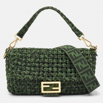 Pre Owned Fendi Green Jacquard Woven Fabric Medium Baguette Bag