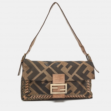 Pre Owned Fendi Tobacco Zucca Canvas and Leather Large Whipstitch Baguette Bag