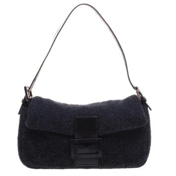 Pre Owned Fendi Black Cashmere Baguette Shoulder Bag