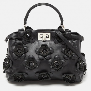Pre Owned Fendi Black Leather Mini Peekaboo Flowerland Top Handle Bag