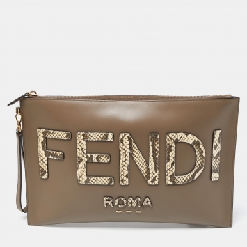 Pre Owned Fendi Beige Leather and Python Embossed Leather Roma Flat Wristlet Pouch