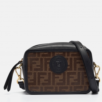 Pre Owned Fendi Black/Brown Zucca Coated Canvas and Leather Mini Camera Case Bag