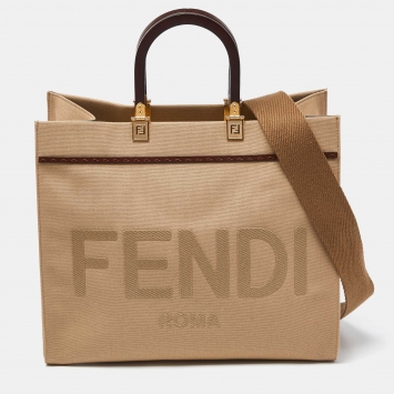Pre Owned Fendi Beige/Brown Canvas and Leather Medium Sunshine Tote