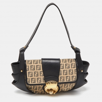 Pre Owned Fendi Beige/Black Zucchino Canvas and Leather Compilation Baguette Bag