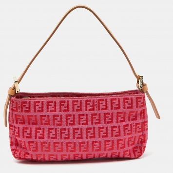 Pre Owned Fendi Pink/Beige Zucchino Canvas and Leather Pochette Bag