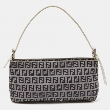 Pre Owned Fendi Navy Blue/White Zucchino Fabric and Leather Pochette Bag