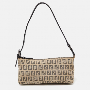 Pre Owned Fendi Black/Ivory Zucchino Fabric and Leather Pochette Bag