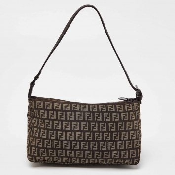Pre Owned Fendi Dark Brown Zucchino Fabric and Leather Pochette Bag
