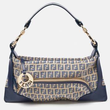 Pre Owned Fendi Blue/Cream Zucchino Fabric and Leather Chef Baguette Bag