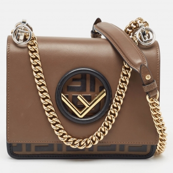 Pre Owned Fendi Tobacco/Black Zucca Embossed Leather Mini Kan I F Shoulder Bag