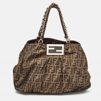 Pre Owned Fendi Tobacco Zucca Canvas and Patent Leather Large Mia Bag