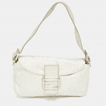 Pre Owned Fendi Silver/White Zucchino Canvas and Leather Forever Baguette Bag