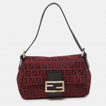 Pre Owned Fendi Red Zucchino Canvas and Leather Mama Baguette Bag