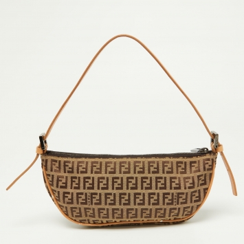 Pre Owned Fendi Tobacco Zucca Canvas and Leather Half Moon Pochette 