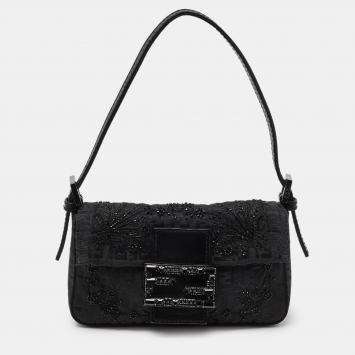 Pre Owned Fendi Black Zucchino Canvas and Leather Beads Embellished Baguette Bag