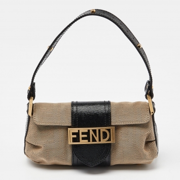 Pre Owned Fendi Beige/Black Canvas and Leather Baguette Bag