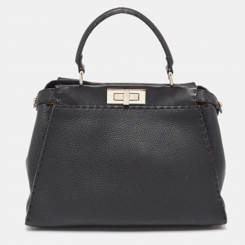 Pre Owned Fendi Black Selleria Leather Medium Iconic Peekaboo Top Handle Bag