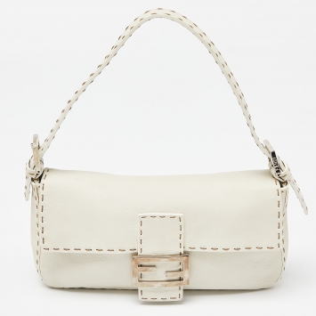 Pre Owned Fendi White Selleria Leather Flap Baguette Bag