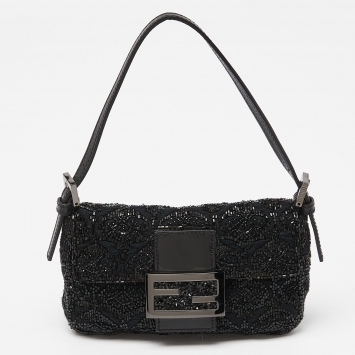 Pre Owned Fendi Black Zucca Canvas and Lizard Embossed Leather Beaded Baguette Bag