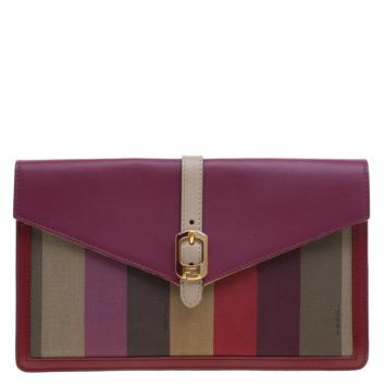 Pre Owned Fendi Magenta Leather and Pequin Canvas Envelope Clutch