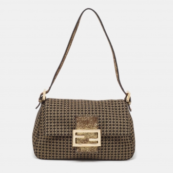 Pre Owned Fendi Gold/Black Printed Fabric and Leather Mini Mama Baguette Bag