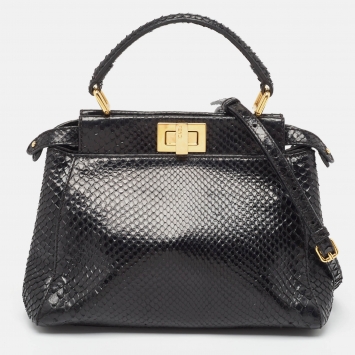 Pre Owned Fendi Black Snakeskin Mini Peekaboo Top Handle Bag