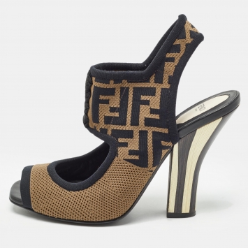 Pre Owned Fendi Brown Knit  Fabric Ankle Strap Sandals Size 41