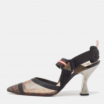 مملوكة مسبقًا Fendi Brown/Black Zucca Mesh and Fabric Colibri Slingback Pumps Size 38