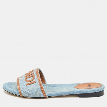 Pre Owned Fendi Blue/Brown Denim and Leather Signature Flat Slides Size 38.5