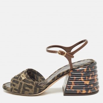 Pre Owned Fendi Brown Canvas And Jelly Ankle Strap Sandals Size 38.5