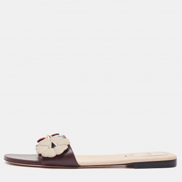 Pre Owned Fendi Burgundy Leather Flowerland Flat Slides Size 42