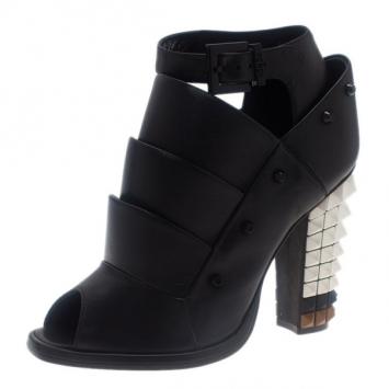 Pre Owned Fendi Black Leather Spiked Heel Ankle Boots Size 36