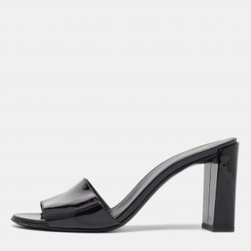 Pre Owned Fendi Black Patent Leather Logo Slide Sandals Size 40