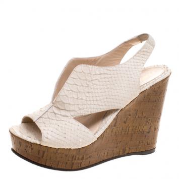 Pre Owned Fendi Off White Embossed Python Leather Cork Wedge Sandals Size 39