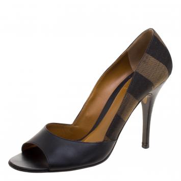 Pre Owned Fendi Black Leather and Striped Canvas Pequin Open Toe Pumps Size 40