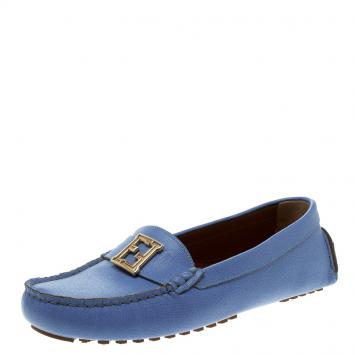 Pre Owned Fendi Sky Blue Saffiano Leather Logo Loafers Size 38.5