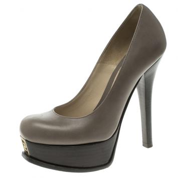 Pre Owned Fendi Grey Leather Logo Platform Pumps Size 36