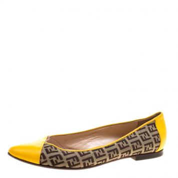 Pre Owned Fendi Brown Zucca Canvas and Yellow Leather Pointed Toe Ballet Flats Size 39