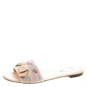 Pre Owned Fendi Grey Embroidered Stretch Knit Bow Embellished Flat Slides Size 40