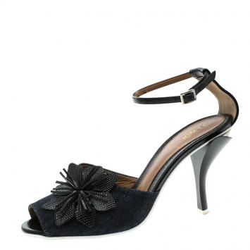 Pre Owned Fendi Dark Wash Denim  Floral Leather Embellished Peep Toe Ankle Strap Sandals Size 37