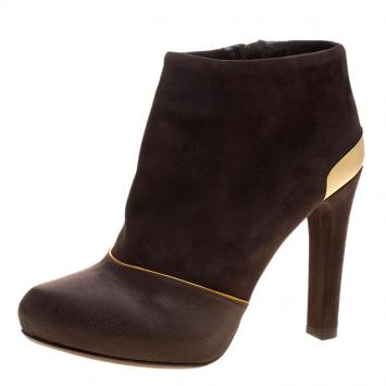 Pre Owned Fendi Brown Suede and Satin Ankle Boots Size 37.5