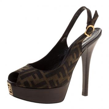 Pre Owned Fendi Tobacco Zucca Canvas Platform Slingback Sandals Size 38