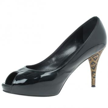 Pre Owned Fendi Black Patent Leather Zucca Print Heel Peep Toe Pumps Size 38.5