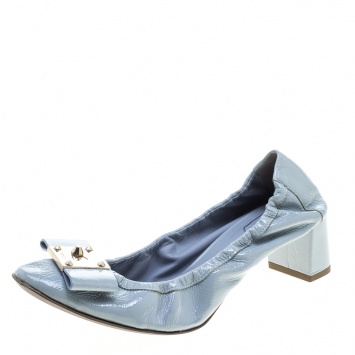 Pre Owned Fendi Powder Blue Patent Leather Bow Detail  Block Heel Scrunch Pumps Size 37.5
